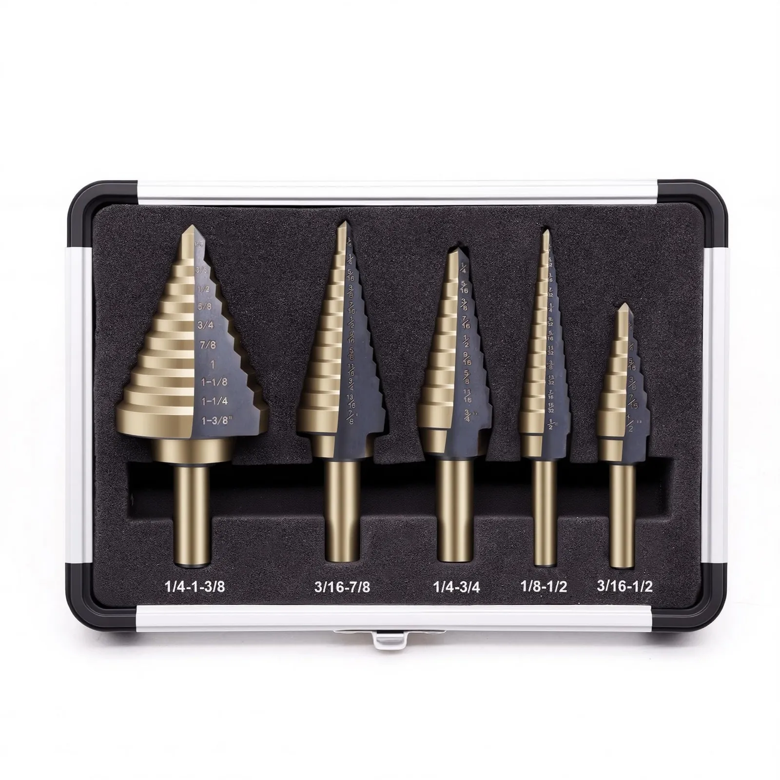 5Pcs HSS Step Drill 3/16-1/2, 1/8-1/2, 1/4-3/4, 3/16-7/8, 1/4-1-3/8