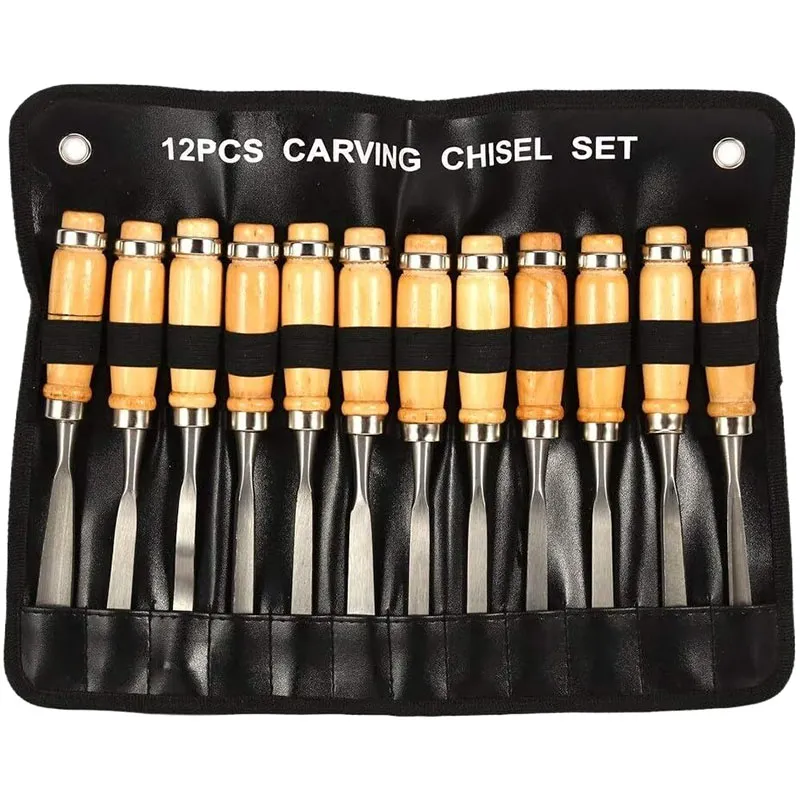 PVC Bag Wood Carving Tools 12-pc Wood Chisel Set with Gouges, Cr-V 60 Steel